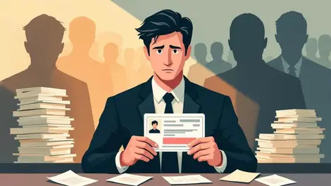 Uk businessperson holding id card with shadowy figures and paperwork fraud risk verification concerns