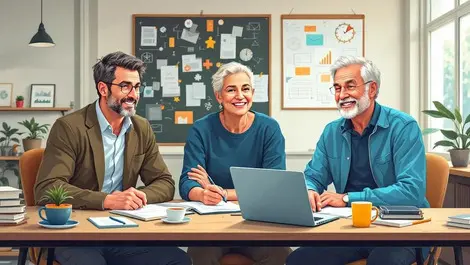 Confident middle aged uk entrepreneurs brainstorming workspace notebooks laptops