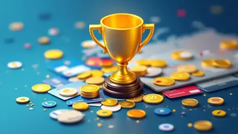 Golden trophy on scattered credit cards with digital payment icons over europe asia map