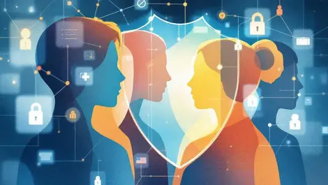 Abstract human figures layered translucent shields network nodes data protection privacy usa