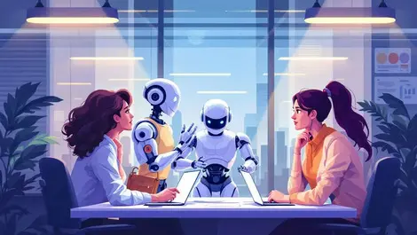Illustration office workers interacting with robot teamwork problem solving