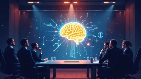 Corporate boardroom business leaders around table ai brain hologram risk concern