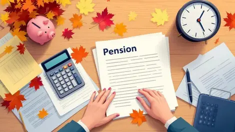 Realistic office desk pension documents calculator autumn leaves piggy bank clock symbolizing pension cap inheritance