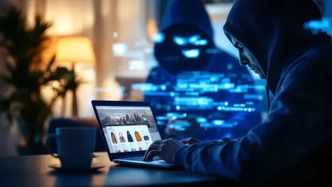 Realistic photo person online shopping laptop shadowy cyber threat modern british living room