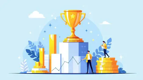 Trophy on podium surrounded by bar charts and data graphs analytics recognition