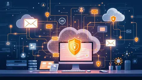 Modern office digital devices secure cloud networks email icons shields data flows cybersecurity safe communication