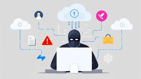 Masked hacker breaking into digital network data cloud security breach
