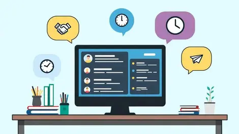 Office desk computer cluttered inbox speech bubbles corporate icons