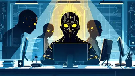 Office employees computers digital shadows ai threats cybersecurity shield