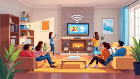 Realistic illustration people home online gaming video conferencing streaming wifi router signal waves fast reliable wireless internet