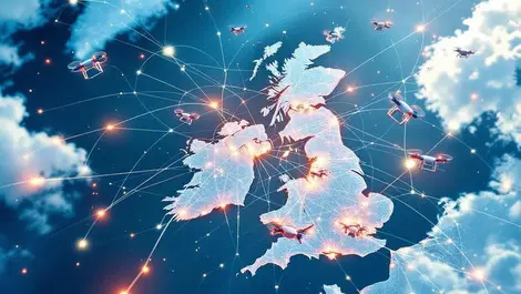 Modern drones flying over uk map with supply chain connections tech