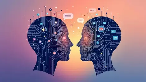 Ai circuit head talking to organic human with abstract soundwaves