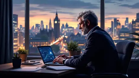 Grey haired british professional home office ai laptop evening city