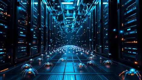 Ai bot swarms circuit spiders overwhelming dark server room