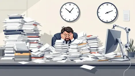 Tired european office worker buried in paperwork idle automation