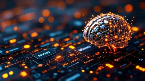 Binary brand logo fading ai circuit brain selects trusted logos