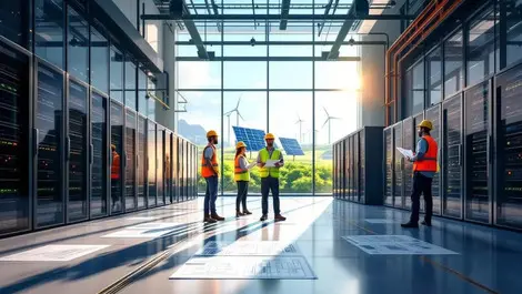 Modern ai datacenter construction with servers engineers green energy
