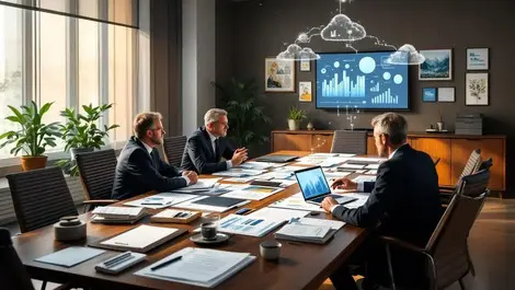 Modern law firm war room lawyers docs laptop cloud data flow