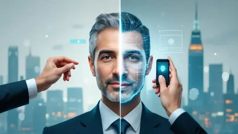 Executive face digital mask biometric scan blurred cityscape