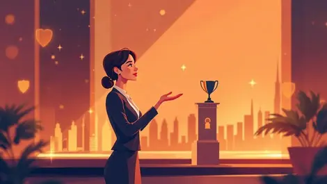 Woman accepting award finance conference dubai city skyline