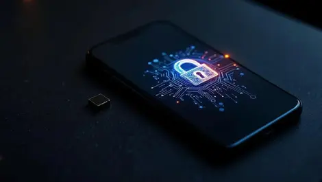Black smartphone glowing abstract lock circuits hsm dark table