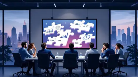 Uk office meeting misaligned data tax puzzle london skyline