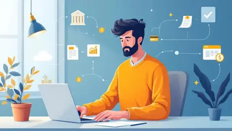 Uk small business owner laptop mobile banking app fintech flat icons