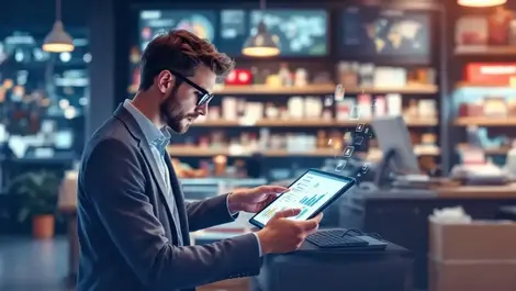 Uk retail technology buyer reviewing tablet charts checklist