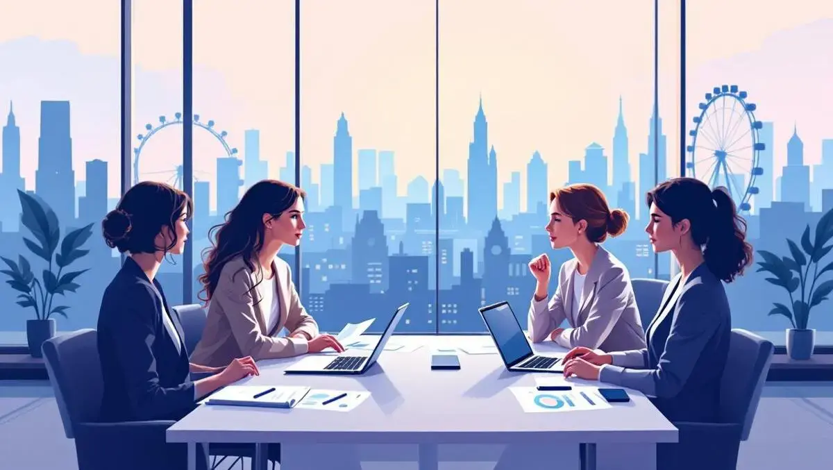 Focused senior female finance leaders london boardroom laptops charts modern digital illustration