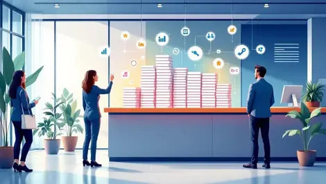 Efficient hotel staff hotel lobby group booking forms digital illustration