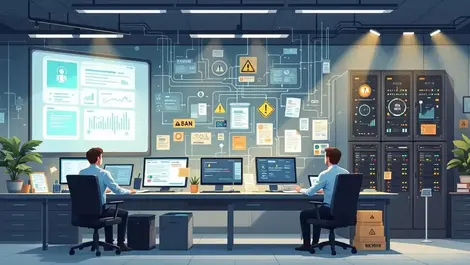 Stressed analysts bank control room stalled ai workflow legacy servers digital illustration